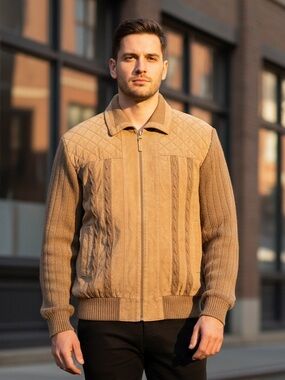 Vintage Original Windbreaker Leather Suede Knit Bomber Jacket Tan Large Western